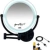 Metalen Verlichte Wand Knik Arm Make-up LED Spiegel Mat Zwart, Dubbelzijdig Verlicht, 10x Vergroting 22cm Doorsnee, Inculsief 4x AA Batterijen En Stroomkabel(USB) Badkamer Spiegel
