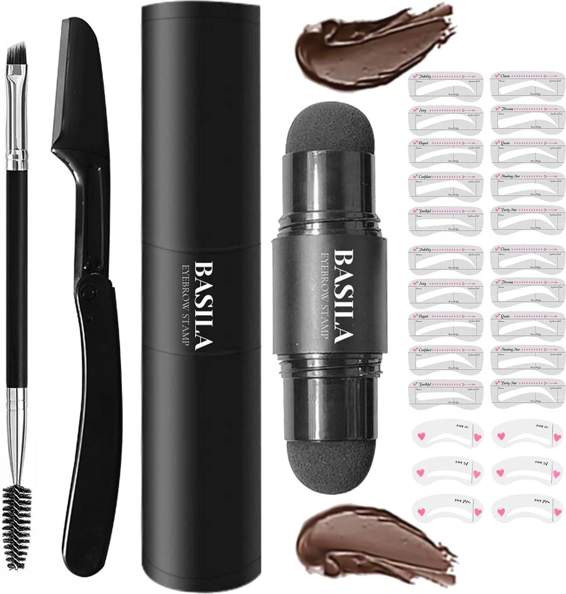 Basila® Duo Wenkbrauw Stempel Kit - Donker Bruin & Bruin - Watervast - Matte Poeder - Trimmer - 26 Stencils 1 Basila® Duo Wenkbrauw Stempel Kit - Donker Bruin & Bruin - Watervast - Matte Poeder - Trimmer - 26 Stencils