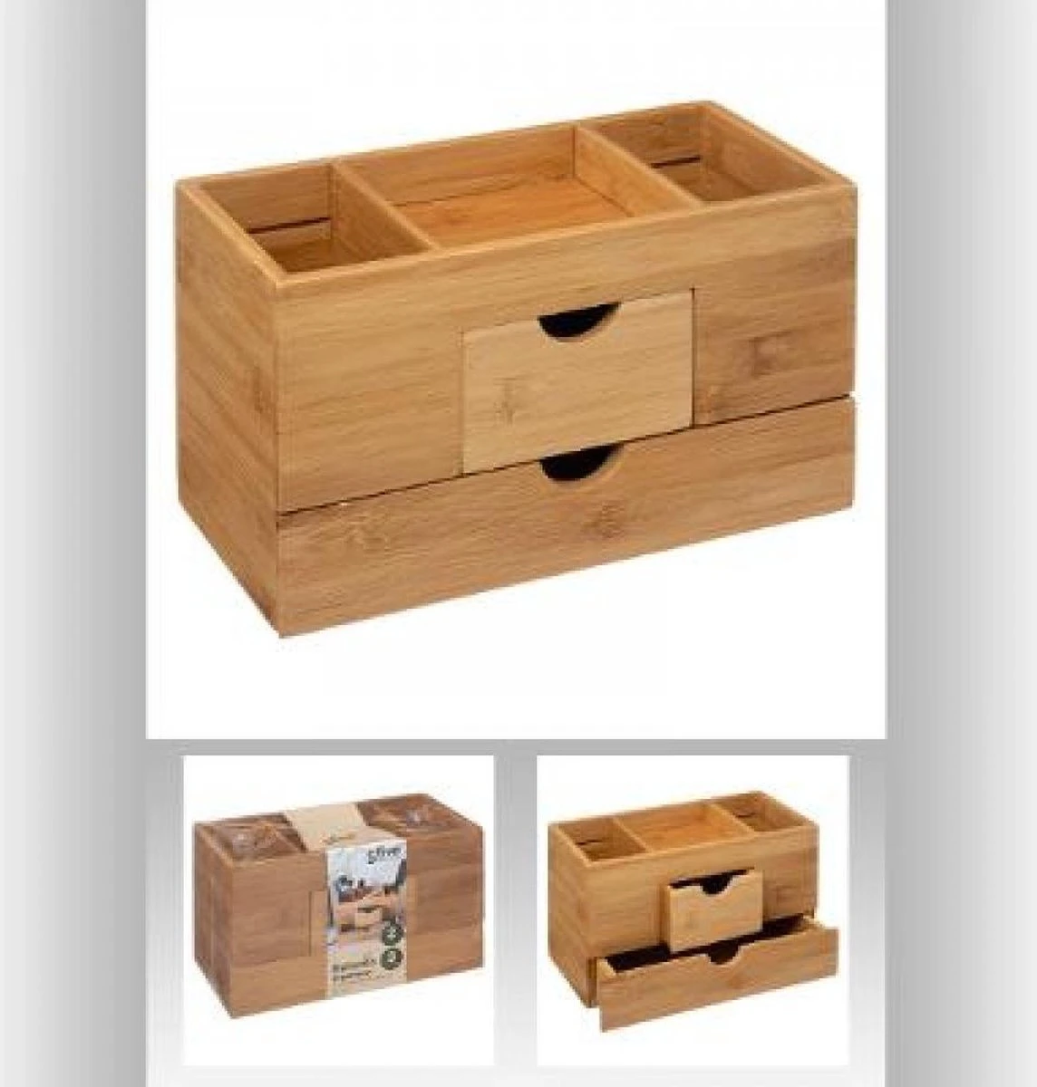 Sieraden/make-up Organizer Met 3 Vakken En 2 Lades 24 X 14,5 Cm Van Bamboe - Sieradenkastje - Make-upkastje - Organizers 4 Sieraden/make-up Organizer Met 3 Vakken En 2 Lades 24 X 14,5 Cm Van Bamboe - Sieradenkastje - Make-upkastje - Organizers - Afbeelding 4