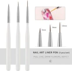 Merkloos Nail Art 3 Witte Penselen - Kwast - Eyelinerkwast - Liner - Brush - Fineliner - Totaal 3 Kwasten