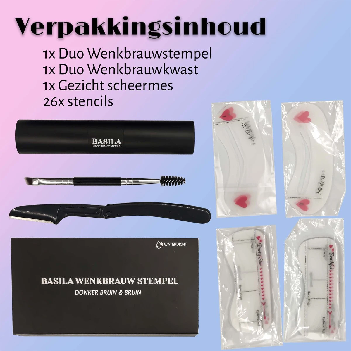 Basila® Duo Wenkbrauw Stempel Kit - Donker Bruin & Bruin - Watervast - Matte Poeder - Trimmer - 26 Stencils 2 Basila® Duo Wenkbrauw Stempel Kit - Donker Bruin & Bruin - Watervast - Matte Poeder - Trimmer - 26 Stencils - Afbeelding 2