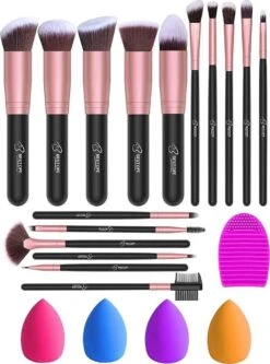 Bestope Make Up Kwasten Set Met Beauty Blenders 16 Delig - Brush Set - Kwasten Reiniger - Rosé Goud